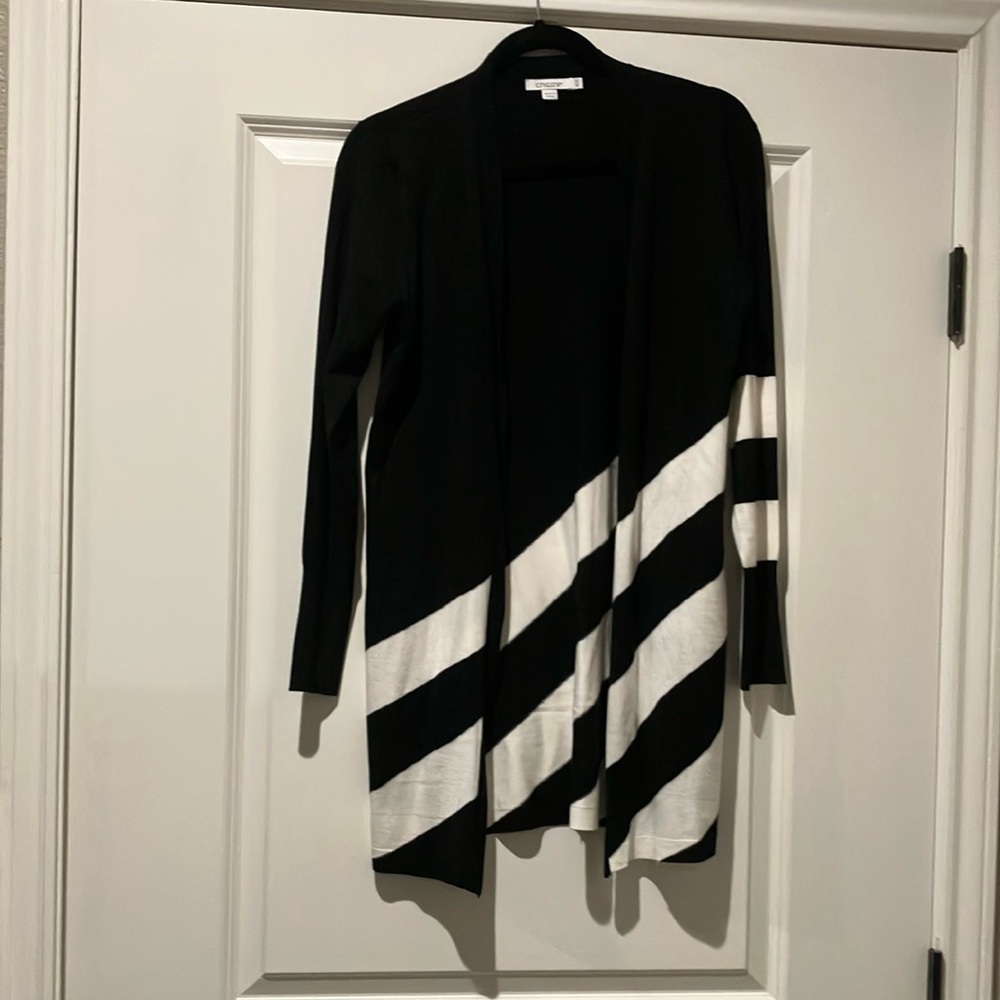 Chico’s Black & White Diagonal Striped Women's Cardigan Sweater-00